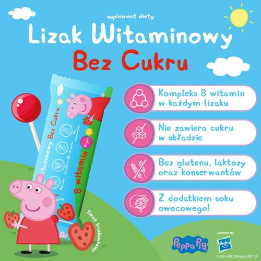 Miniaturka artykułu - #1 PEPPA PIG Lizak witaminowy bez cukru smak truskawkowy, 1 szt.