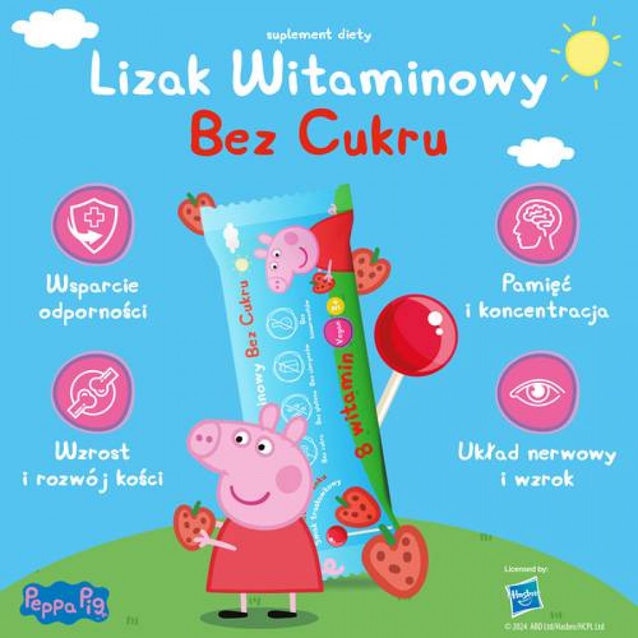 Zdjęcie produktu - 2 PEPPA PIG Lizak witaminowy bez cukru smak truskawkowy, 1 szt.