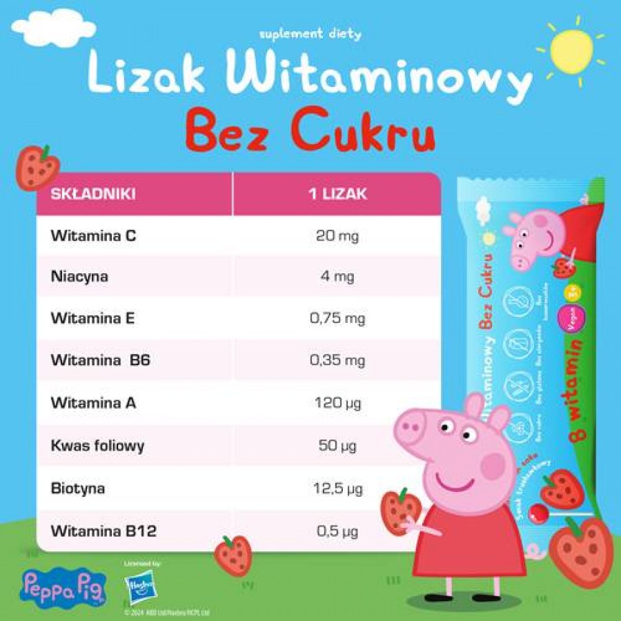 Zdjęcie produktu - 3 PEPPA PIG Lizak witaminowy bez cukru smak truskawkowy, 1 szt.