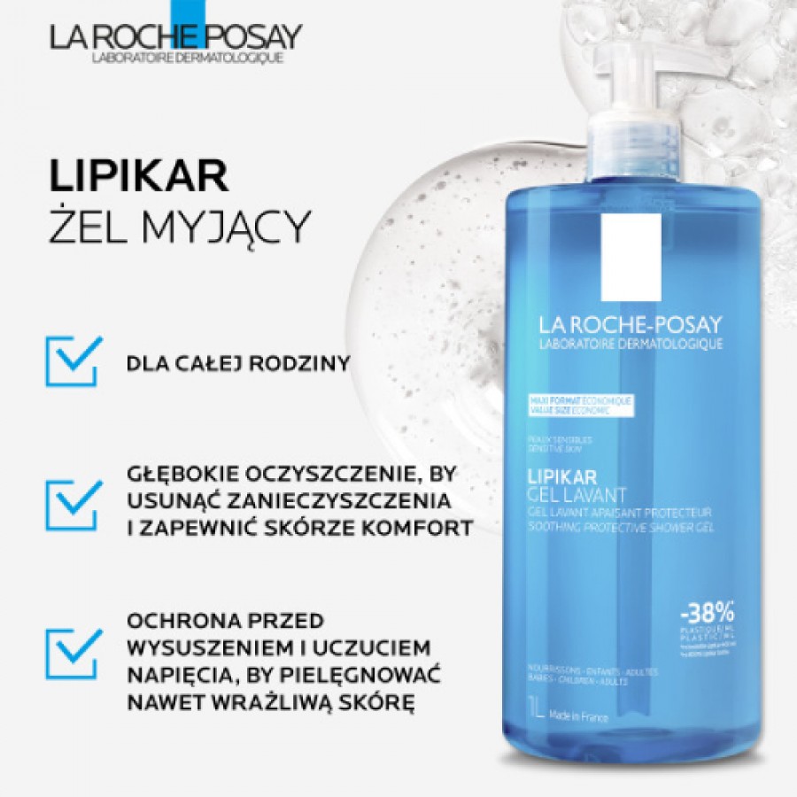 Miniaturka artykułu - #0 La Roche-Posay Lipikar Ochronny i kojący żel do mycia twarzy i ciała, 1000 ml