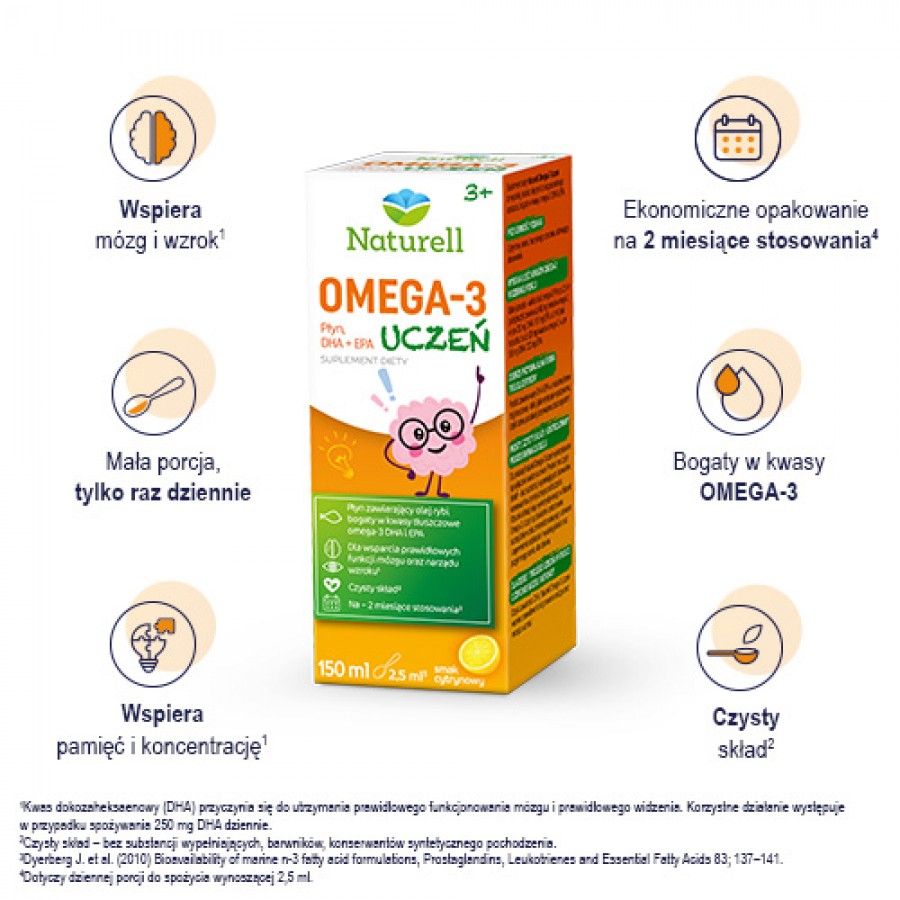 Miniaturka artykułu - #0 NATURELL Omega-3 Uczeń - płyn o smaku cytrynowym, 150ml