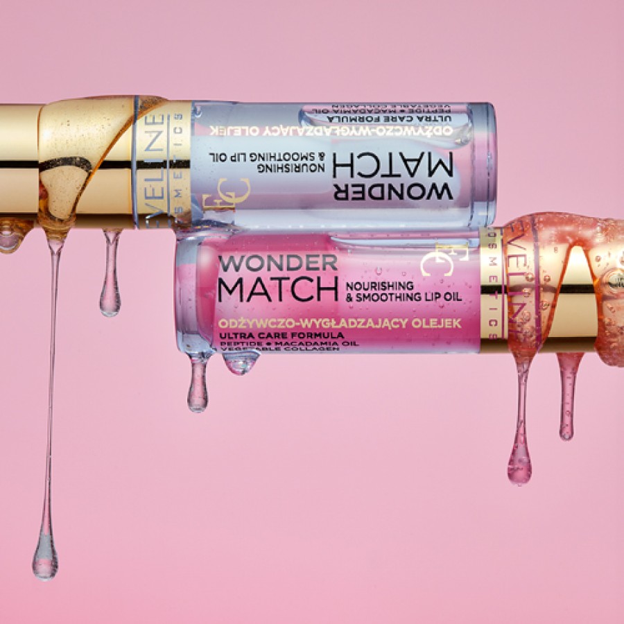 Zdjęcie produktu - 0 EVELINE Wonder Match Odżywczo-wygładzający olejek do ust z wegańskim kolagenem, olejkiem makadamia i peptydem 02 Delicate Rose, 5ml