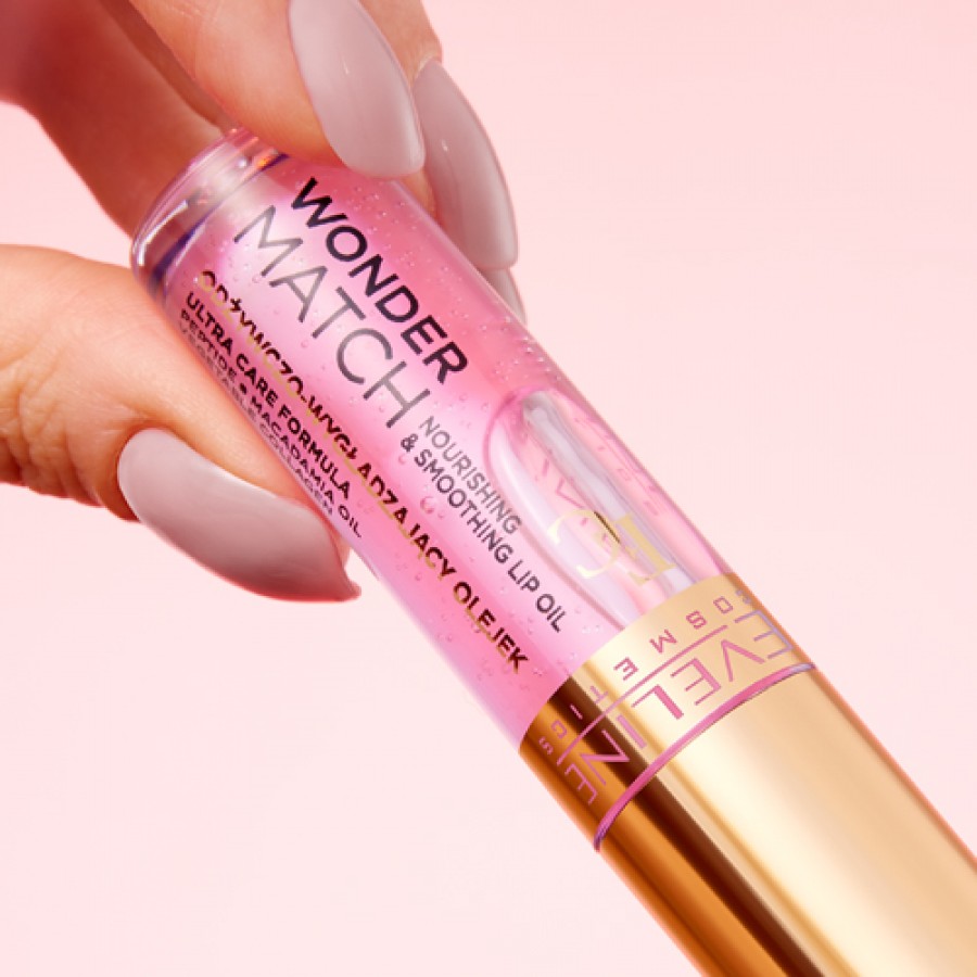 Zdjęcie produktu - 3 EVELINE Wonder Match Odżywczo-wygładzający olejek do ust z wegańskim kolagenem, olejkiem makadamia i peptydem 02 Delicate Rose, 5ml