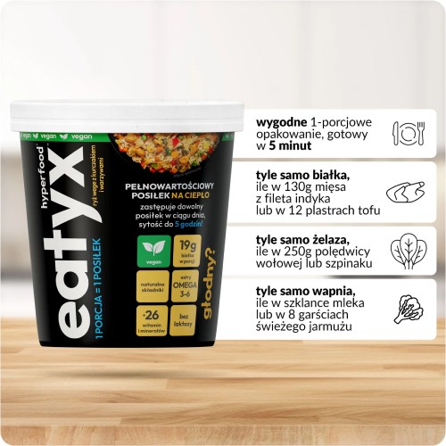Miniaturka artykułu - #1 EATYX Pełnowartościowy posiłek na ciepło Ryż z vege kurczakiem i warzywami w kubku, 90 g