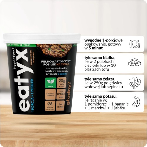 Miniaturka artykułu - #1 EATYX Pełnowartościowy posiłek na ciepło Kasza z grzybami i warzywami w kubku, 90 g