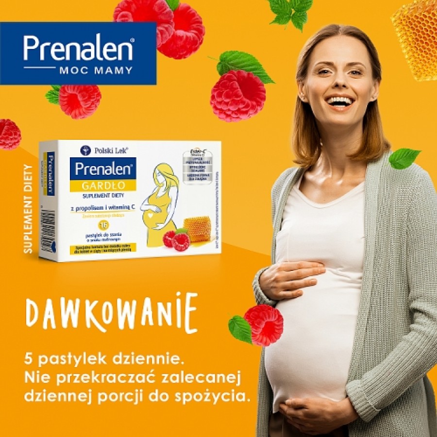 Miniaturka artykułu - #1 Prenalen Gardło smak malinowy, 16 past. do ssania - suplement diety z witaminą C i propolisem