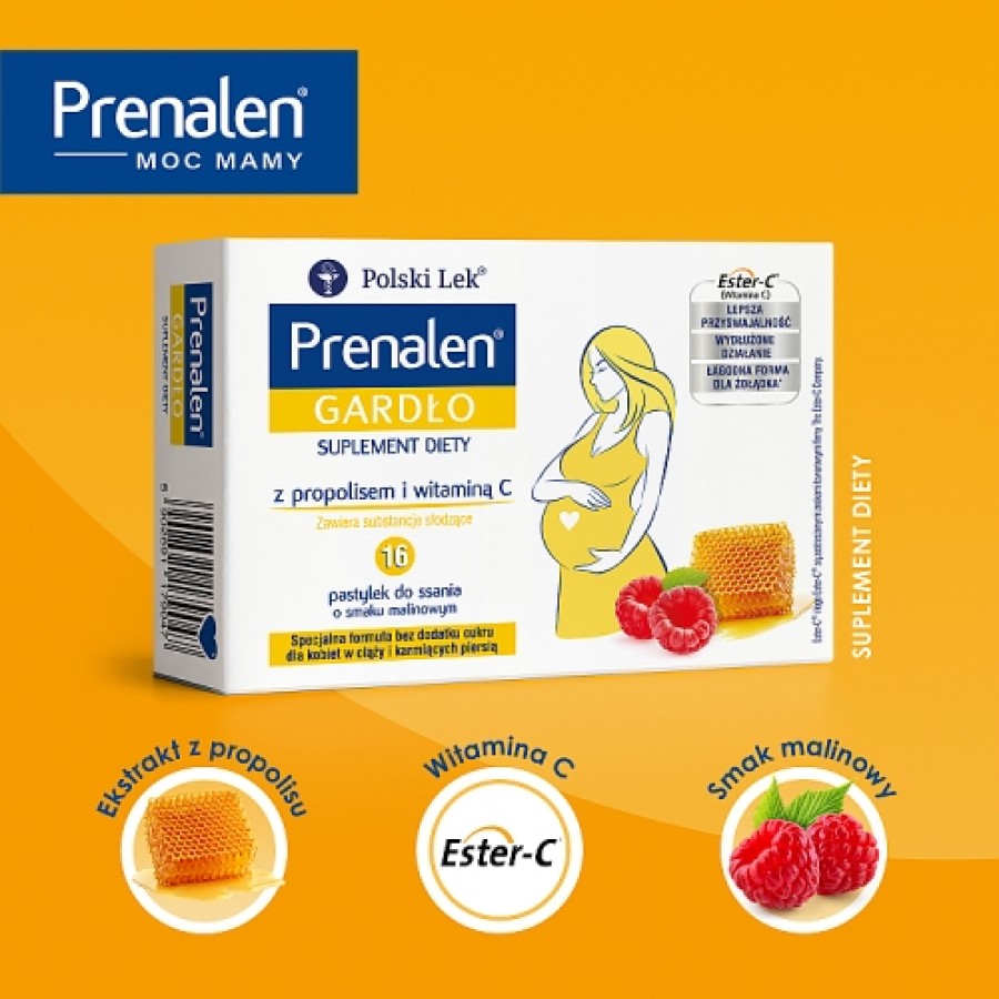Zdjęcie produktu - 4 Prenalen Gardło smak malinowy, 16 past. do ssania - suplement diety z witaminą C i propolisem