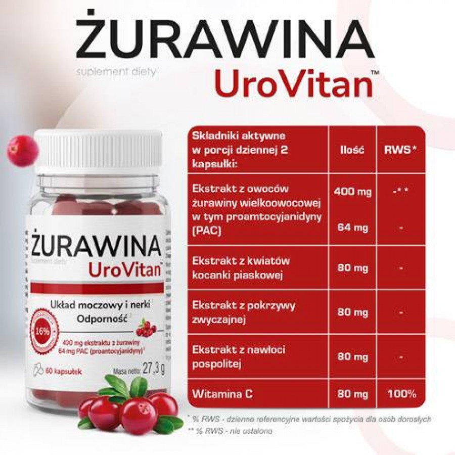 Zdjęcie produktu - 2 DOMOWA APTECZKA UroVitan żurawina, 60 kaps.