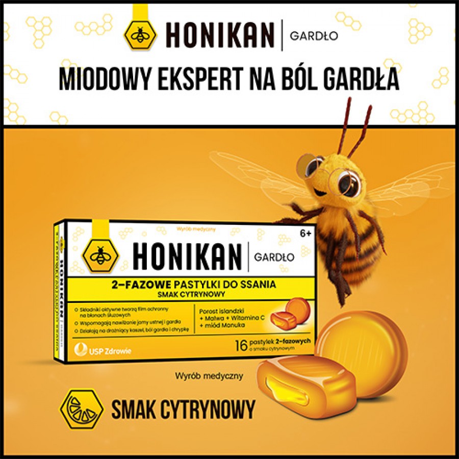 Miniaturka artykułu - #1 Honikan Gardło Pastylki do ssania smak cytrynowy, 16szt.