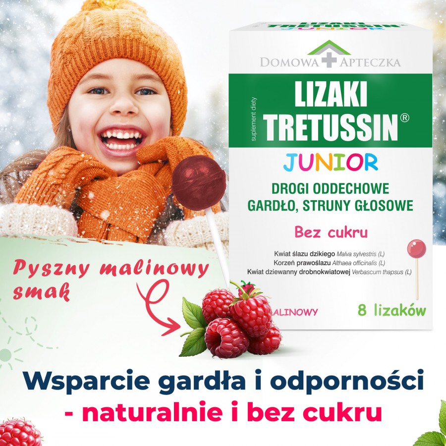 Miniaturka artykułu - #0 DOMOWA APTECZKA Tretussin Junior lizaki o smaku malinowym, 8 szt.