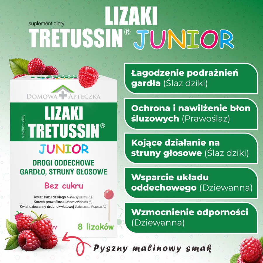 Miniaturka artykułu - #1 DOMOWA APTECZKA Tretussin Junior lizaki o smaku malinowym, 8 szt.