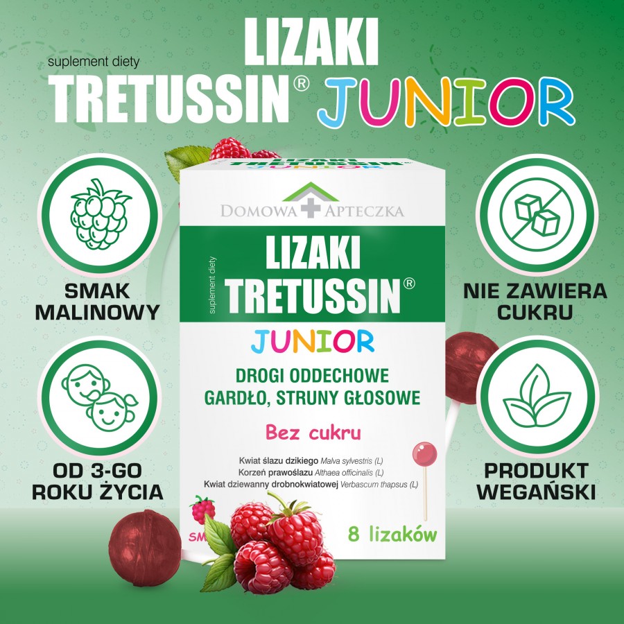 Zdjęcie produktu - 2 DOMOWA APTECZKA Tretussin Junior lizaki o smaku malinowym, 8 szt.