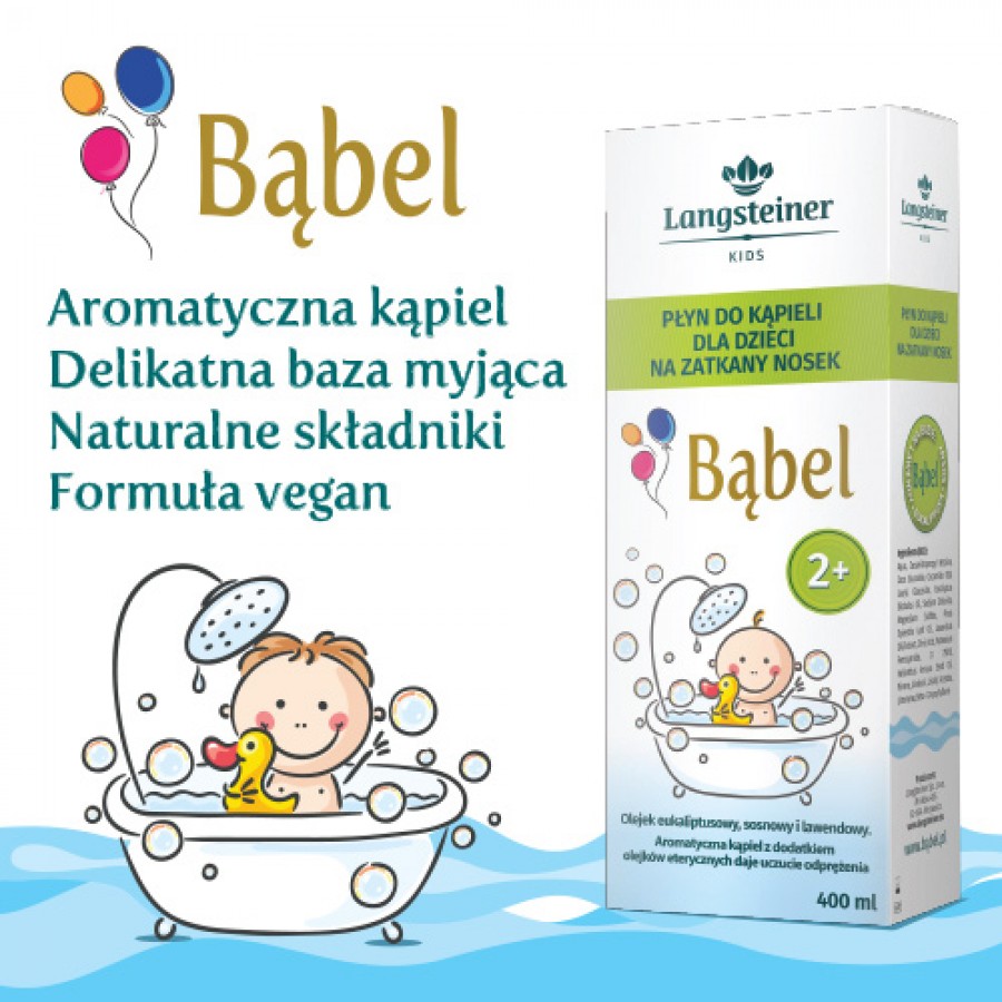 Zdjęcie produktu - 3 Langsteiner Kids Bąbel Płyn do kąpieli dla dzieci na zatkany nosek od 2 lat, 400 ml