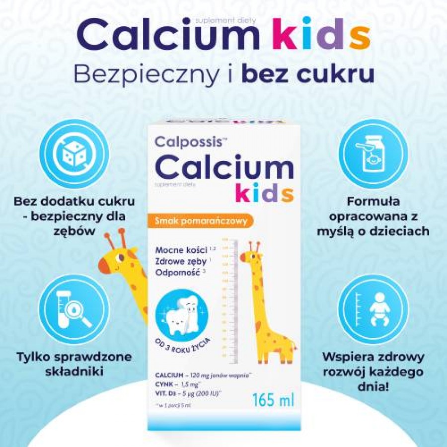 Zdjęcie produktu - 3 DOMOWA APTECZKA Calpossis Calcium Kids płyn, 165 ml