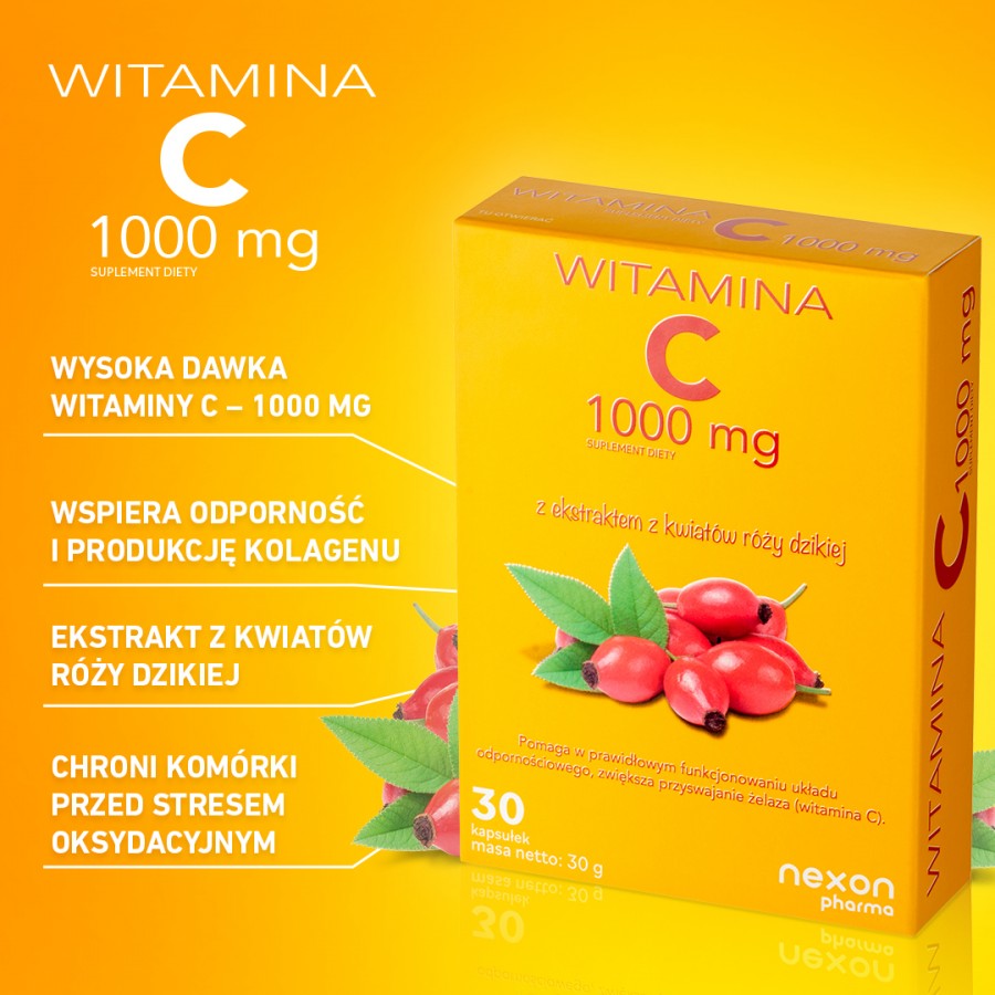 Miniaturka artykułu - #0 Witamina C 1000 mg z ekstraktem z kwiat&oacute;w r&oacute;ży dzikiej, 30 kaps.