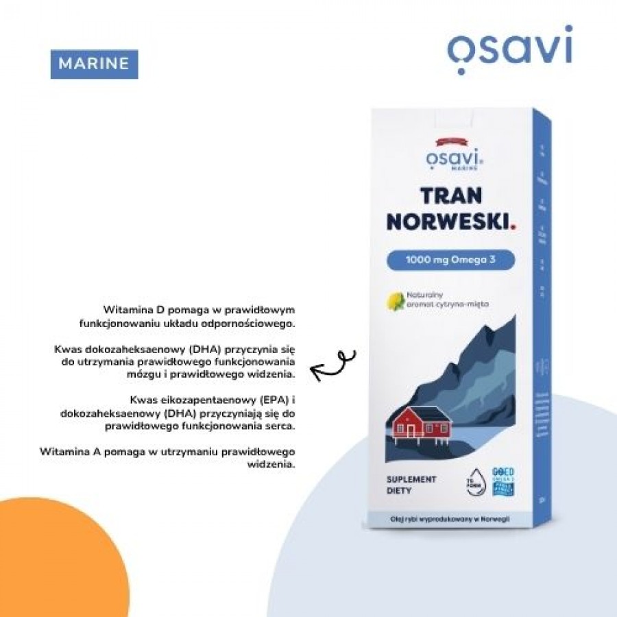 Zdjęcie produktu - 2 Osavi Tran Norweski 1000 mg Omega 3 aromat cytryna-mięta, 500 ml