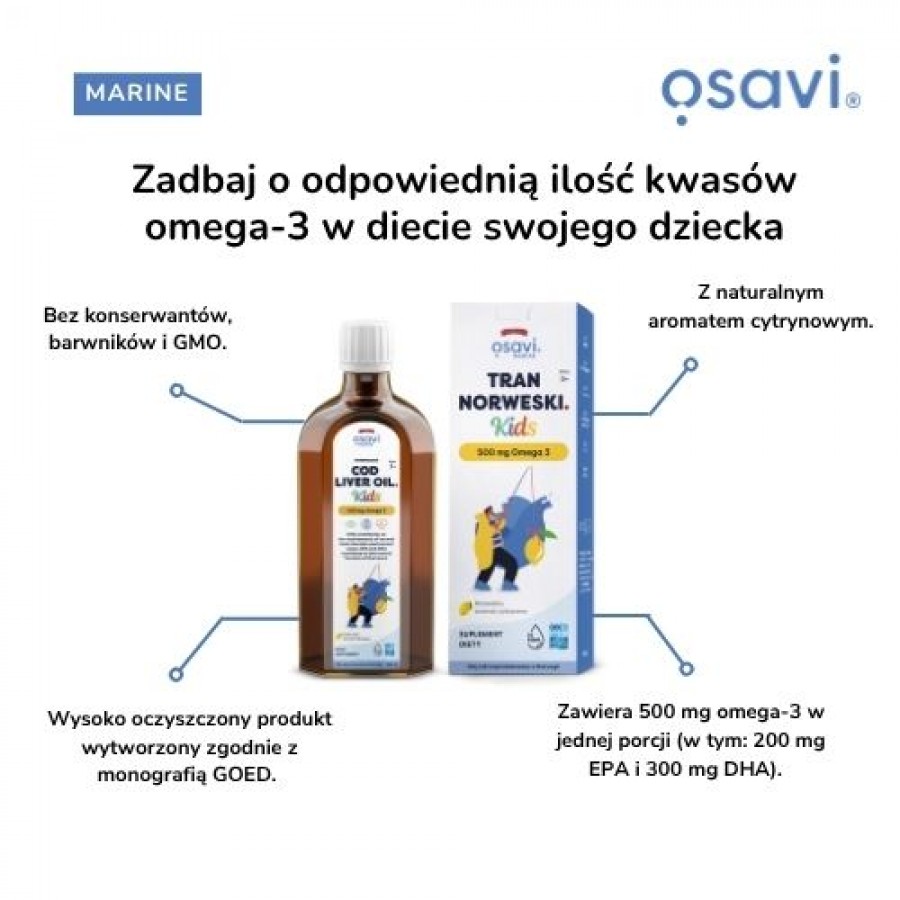 Miniaturka artykułu - #1 Osavi Tran Norweski Kids 500 mg Omega 3 aromat cytrynowy, 500 ml