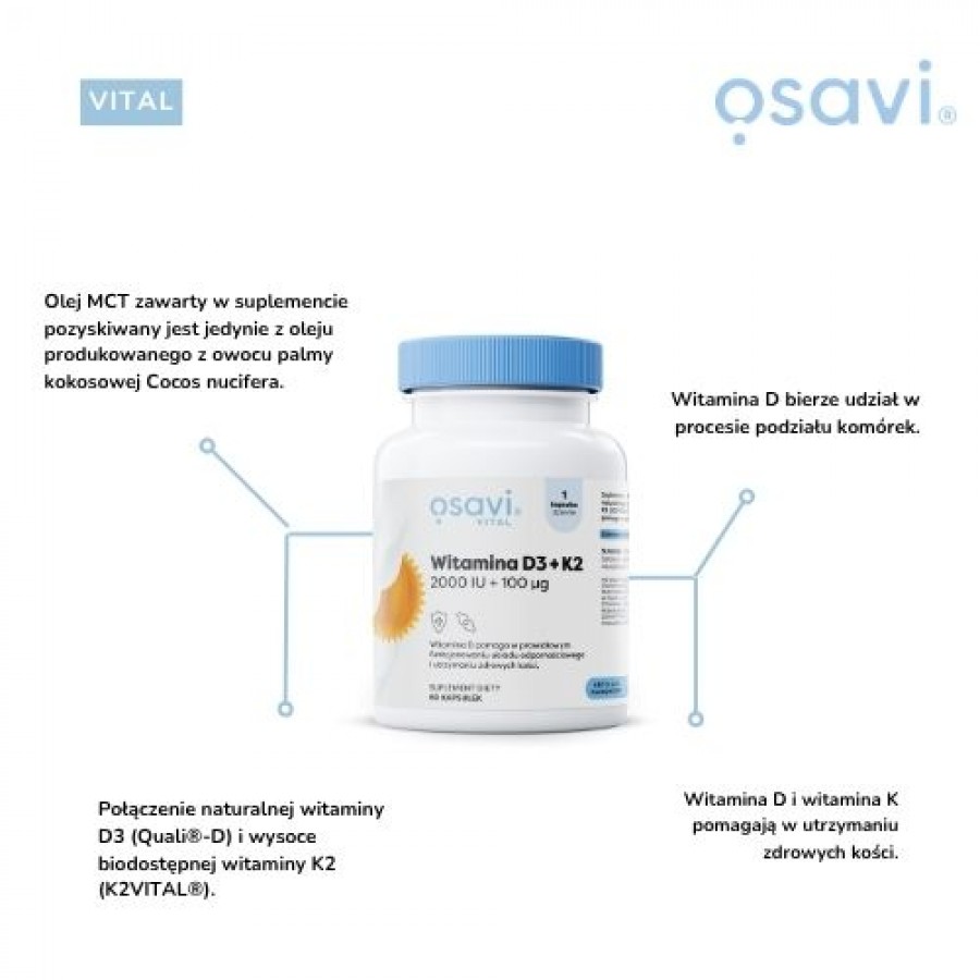 Miniaturka artykułu - #0 Osavi Witamina D3 2000IU + K2 100 mcg, 60 kaps.