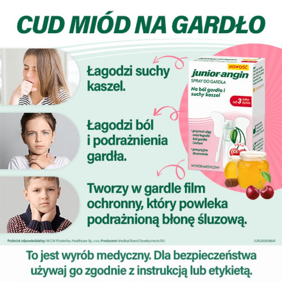 Miniaturka artykułu - #1 Junior-angin Spray do gardła o smaku wiśniowym, 20 ml