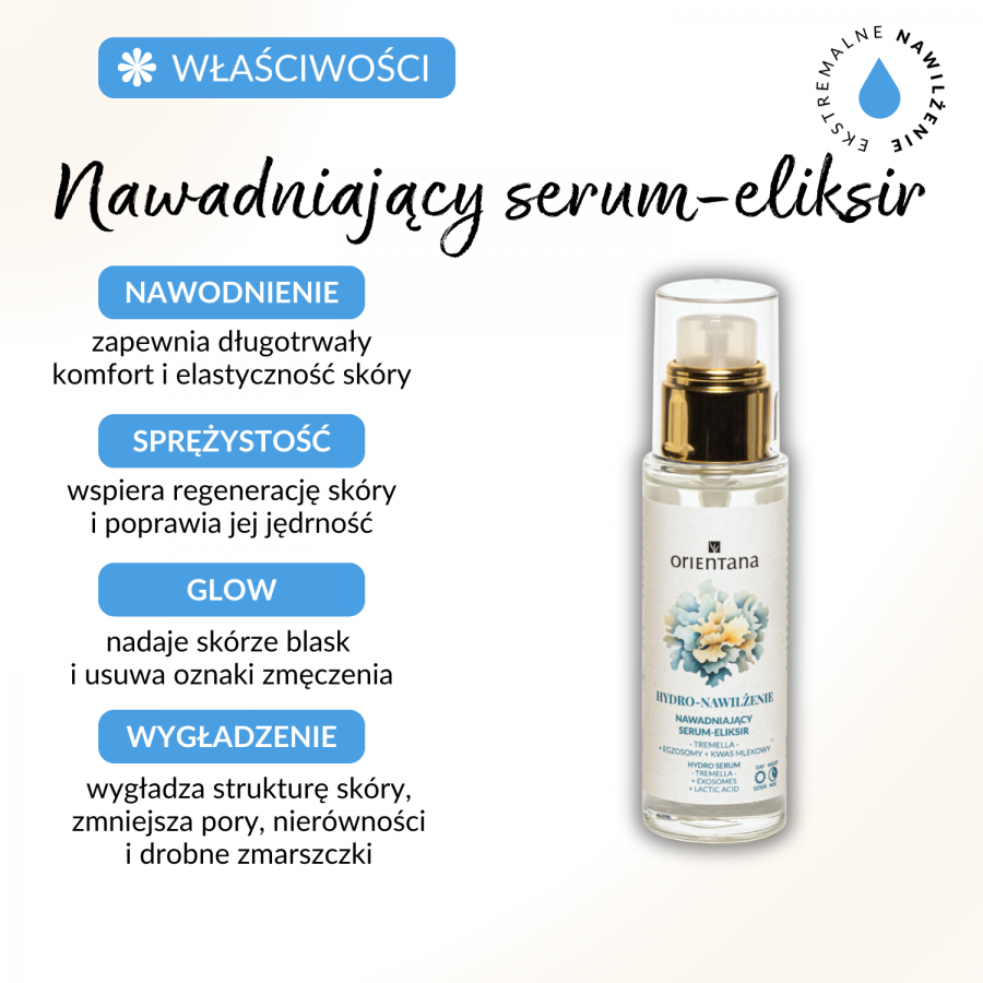 Miniaturka artykułu - #0 Orientana Hydro-Nawilżenie Nawadniający Serum-Eliksir Tremella Egzosomy Kwas mlekowy, 30 ml
