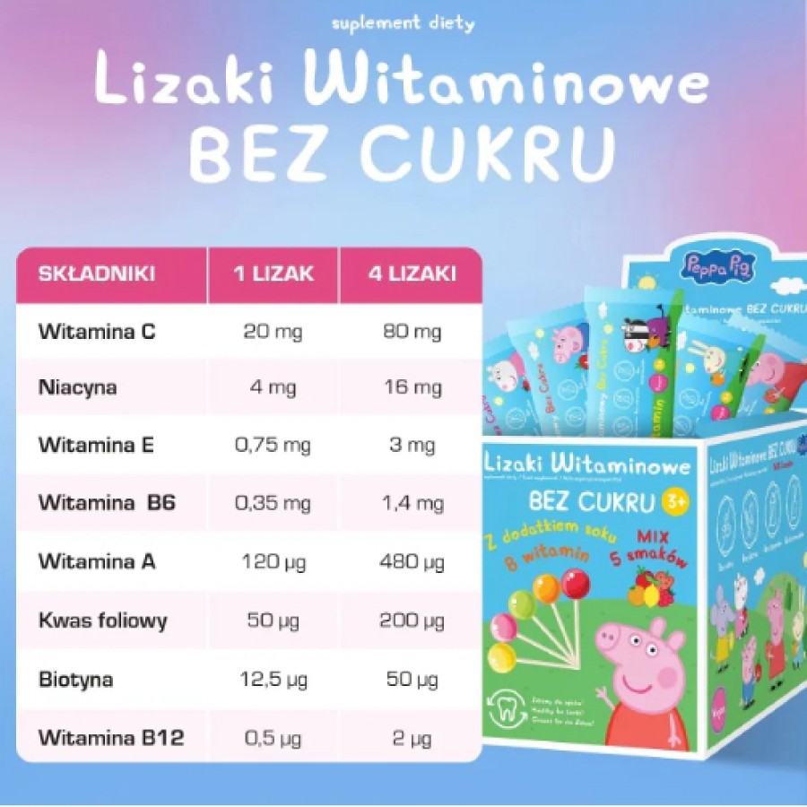 Zdjęcie produktu - 5 Domowa Apteczka Lizaki witaminowe bez cukru Peppa, 50 szt.