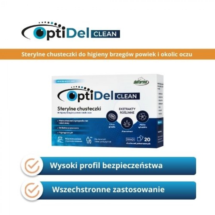 Miniaturka artykułu - #0 OptiDel Clean Sterylne chusteczki do higieny brzeg&oacute;w powiek i okolic oczu, 20 szt.