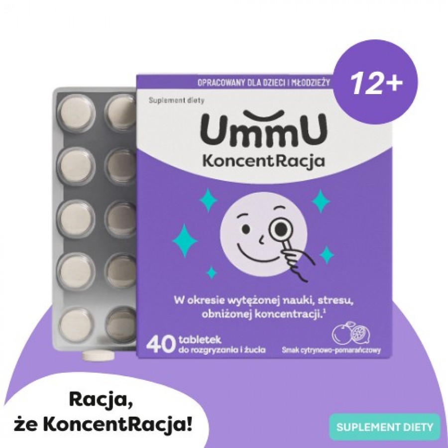 Miniaturka artykułu - #0 UmmU KoncentRacja 12+ tabletki do rozgryzania i żucia o smaku cytrynowo pomarańczowym, 40 szt. - dla dzieci i młodzieży