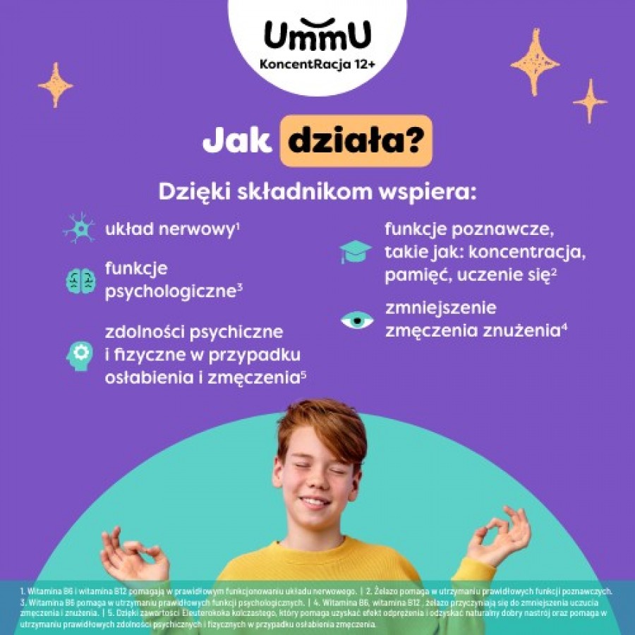 Miniaturka artykułu - #1 UmmU KoncentRacja 12+ tabletki do rozgryzania i żucia o smaku cytrynowo pomarańczowym, 40 szt. - dla dzieci i młodzieży