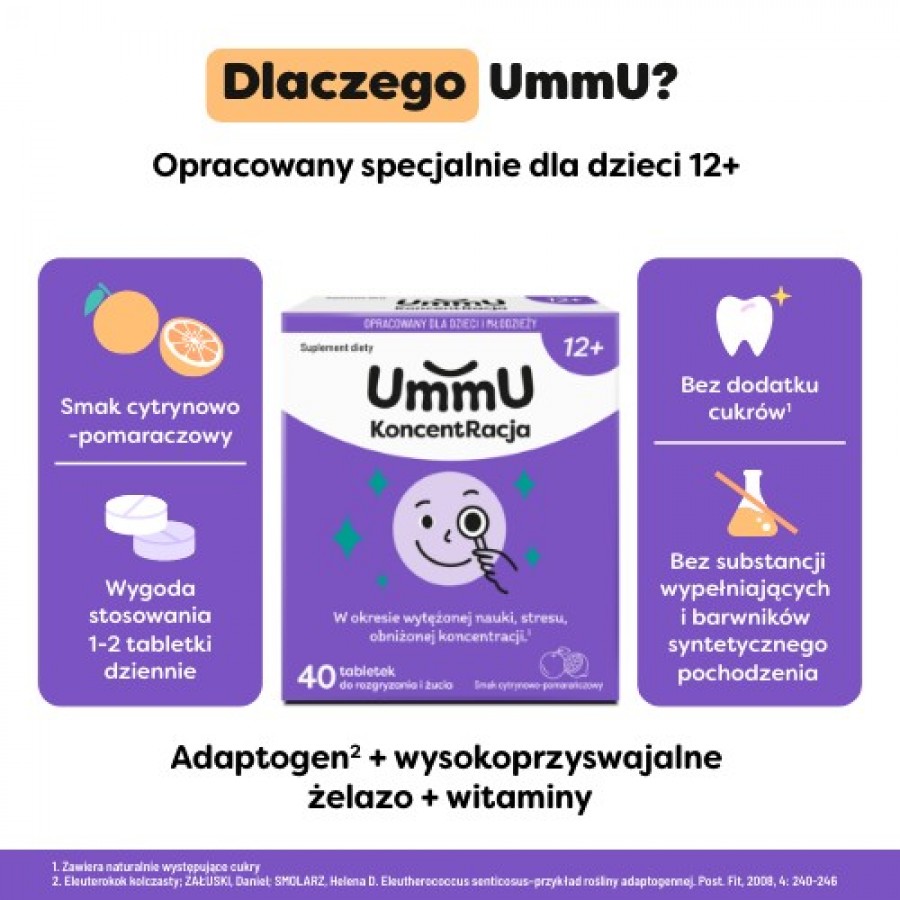 Zdjęcie produktu - 2 UmmU KoncentRacja 12+ tabletki do rozgryzania i żucia o smaku cytrynowo pomarańczowym, 40 szt. - dla dzieci i młodzieży