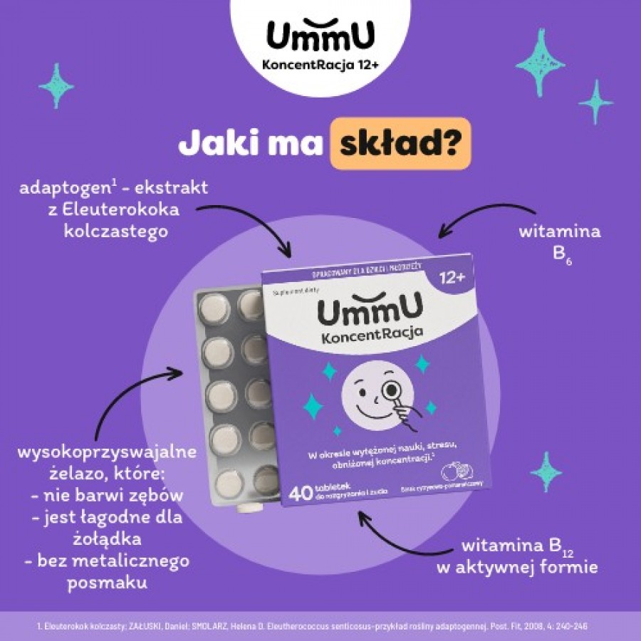 Zdjęcie produktu - 3 UmmU KoncentRacja 12+ tabletki do rozgryzania i żucia o smaku cytrynowo pomarańczowym, 40 szt. - dla dzieci i młodzieży