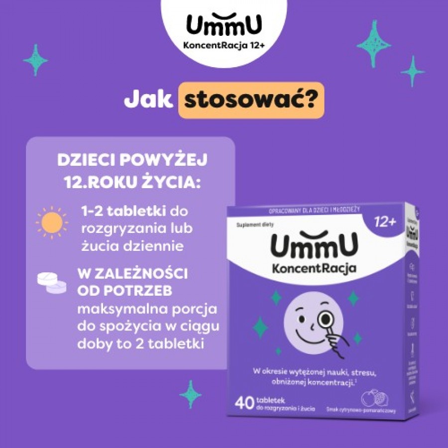 Zdjęcie produktu - 5 UmmU KoncentRacja 12+ tabletki do rozgryzania i żucia o smaku cytrynowo pomarańczowym, 40 szt. - dla dzieci i młodzieży