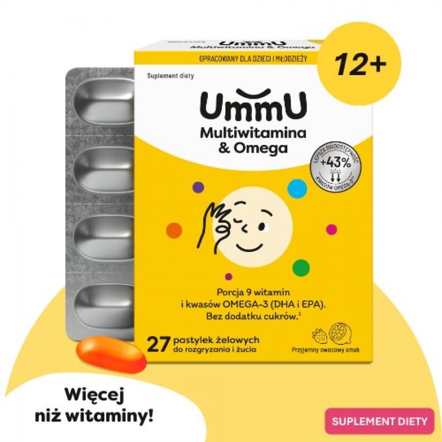 Miniaturka artykułu - #0 Ummu Multiwitamina & Omega 12+ pastylki żelowe do rozgryzania i żucia o owocowym smaku, 27 szt. - dla dzieci i młodzieży