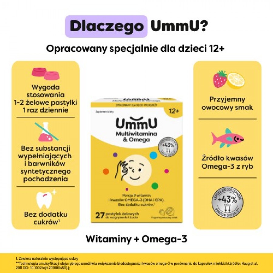Zdjęcie produktu - 2 Ummu Multiwitamina & Omega 12+ pastylki żelowe do rozgryzania i żucia o owocowym smaku, 27 szt. - dla dzieci i młodzieży