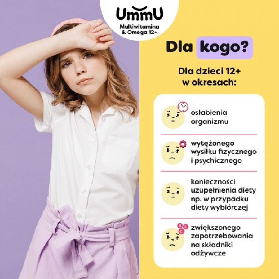 Zdjęcie produktu - 4 Ummu Multiwitamina & Omega 12+ pastylki żelowe do rozgryzania i żucia o owocowym smaku, 27 szt. - dla dzieci i młodzieży
