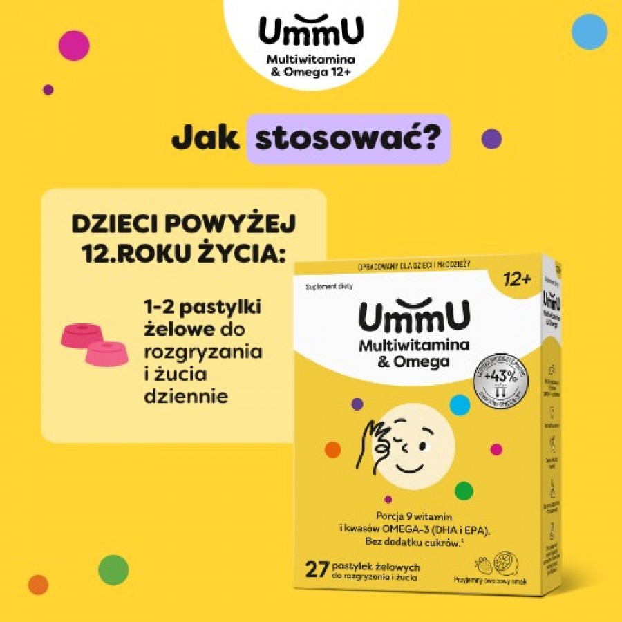 Zdjęcie produktu - 5 Ummu Multiwitamina & Omega 12+ pastylki żelowe do rozgryzania i żucia o owocowym smaku, 27 szt. - dla dzieci i młodzieży
