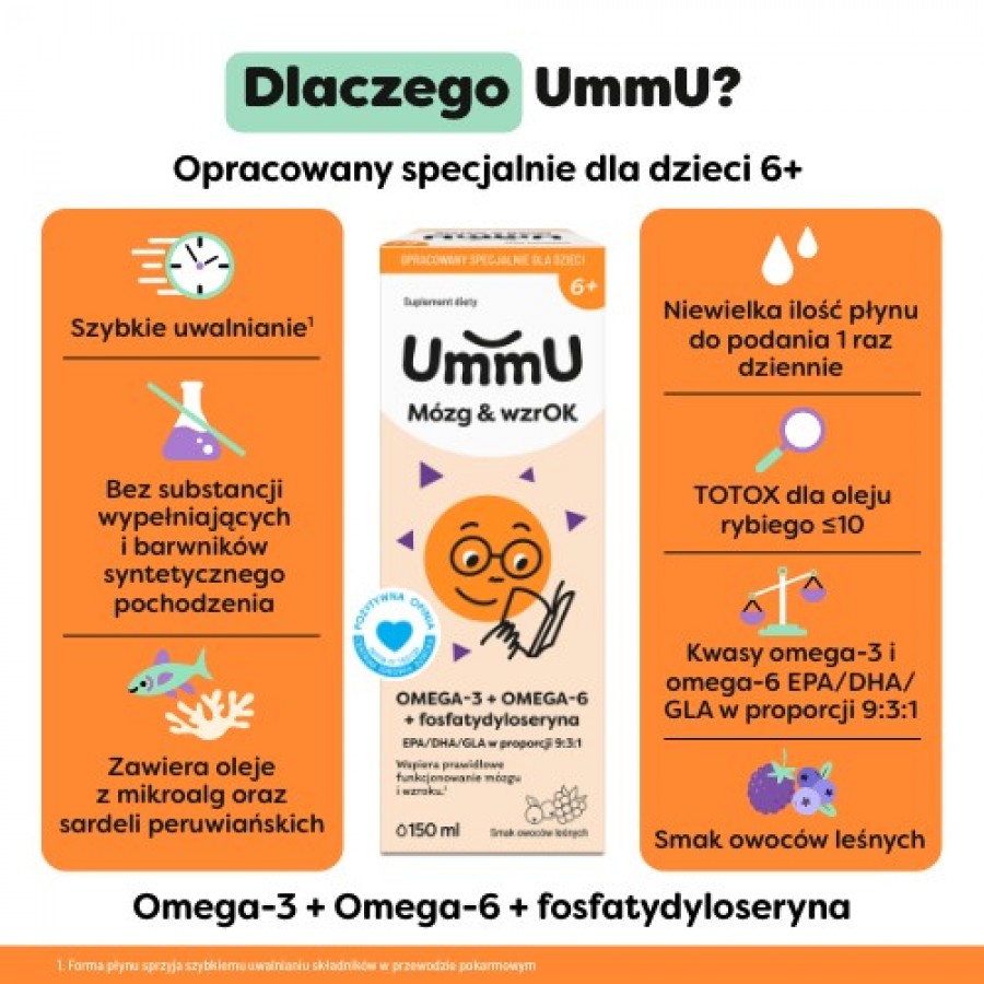 Zdjęcie produktu - 2 UmmU M&oacute;zg & wzrOK 6+ płyn o smaku owoc&oacute;w leśnych, 150 ml - dla dzieci 