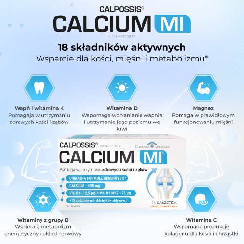 Zdjęcie produktu - 2 Domowa Apteczka Calpossis Calcium MI smak pomarańczowy, 14 sasz.