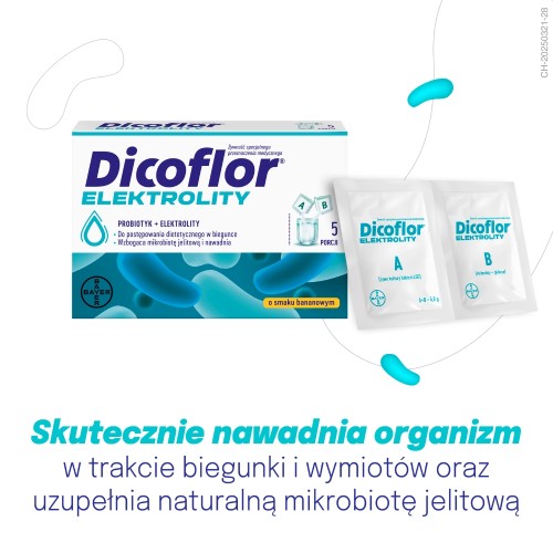 Zdjęcie produktu - 2 Dicoflor Elektrolity probiotyk + elektrolity dla dzieci i dorosłych smak bananowy, 5 porcji