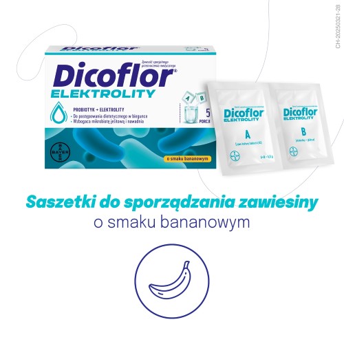 Zdjęcie produktu - 6 Dicoflor Elektrolity probiotyk + elektrolity dla dzieci i dorosłych smak bananowy, 5 porcji