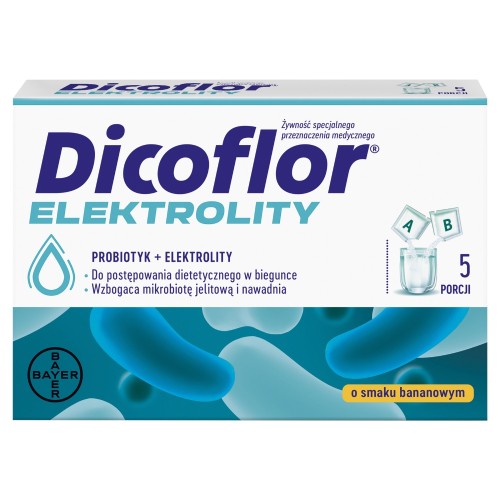 Zdjęcie produktu - 7 Dicoflor Elektrolity probiotyk + elektrolity dla dzieci i dorosłych smak bananowy, 5 porcji