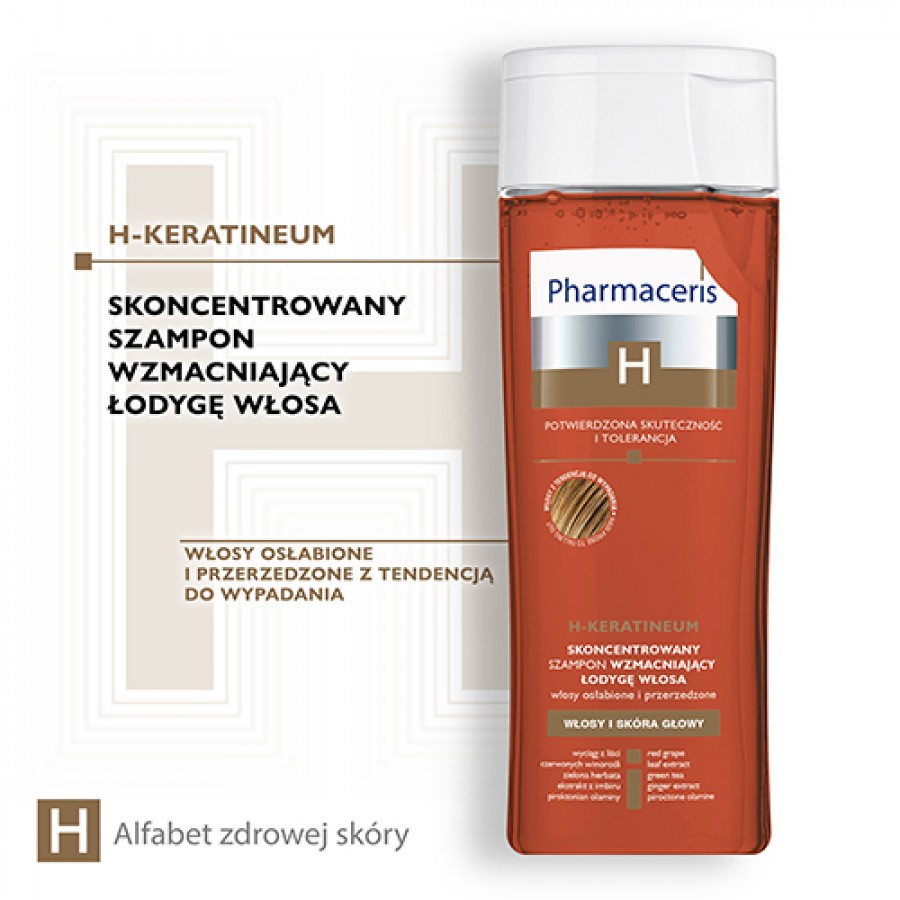 Miniaturka artykułu - #0 Pharmaceris H H-KERATINEUM Skoncentrowany szampon wzmacniający łodygę włosa, do włos&oacute;w osłabionych i przerzedzonych, 250 ml