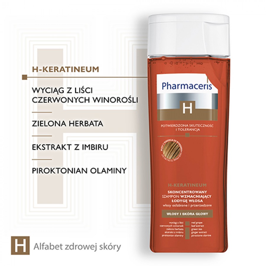 Miniaturka artykułu - #1 Pharmaceris H H-KERATINEUM Skoncentrowany szampon wzmacniający łodygę włosa, do włos&oacute;w osłabionych i przerzedzonych, 250 ml