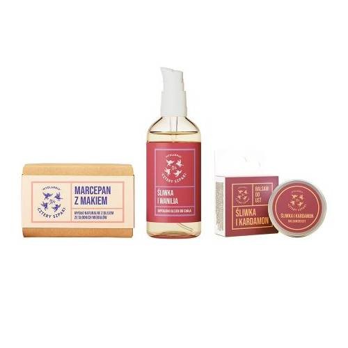 Miniaturka artykułu - #0 Cztery Szpaki (4szpaki) Zestaw Słodka Śliwka Mydło w kostce, 110 g + Superlekki olejek do ciała, 100 ml + Balsam do ust, 15 ml