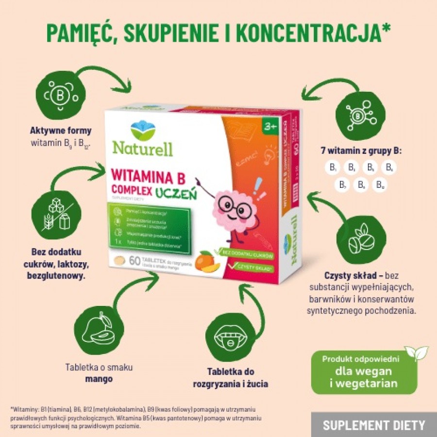 Miniaturka artykułu - #1 Naturell Witamina B Complex Uczeń, 60 tabl. - witaminy dla dzieci