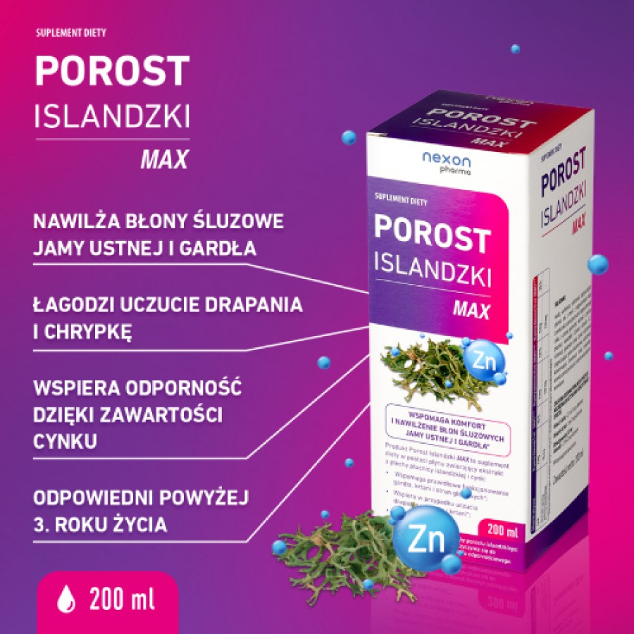Miniaturka artykułu - #0 Porost Islandzki Max Syrop, 200 ml - suplement diety z cynkiem