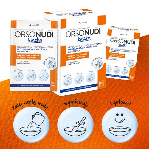 Zdjęcie produktu - 3 OrsoNudi Kaszka, 5 sasz. x 40 g - do postępowania dietetycznego podczas wymiot&oacute;w, nudności lub biegunki