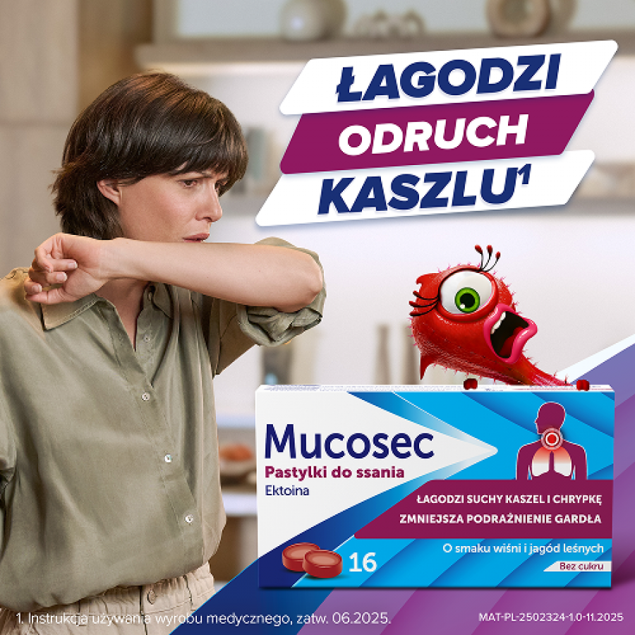 Miniaturka artykułu - #0 Mucosec Pastylki do ssania o smaku wiśni i jag&oacute;d leśnych, bez cukru, 16 szt. - na b&oacute;l gardła i kaszel