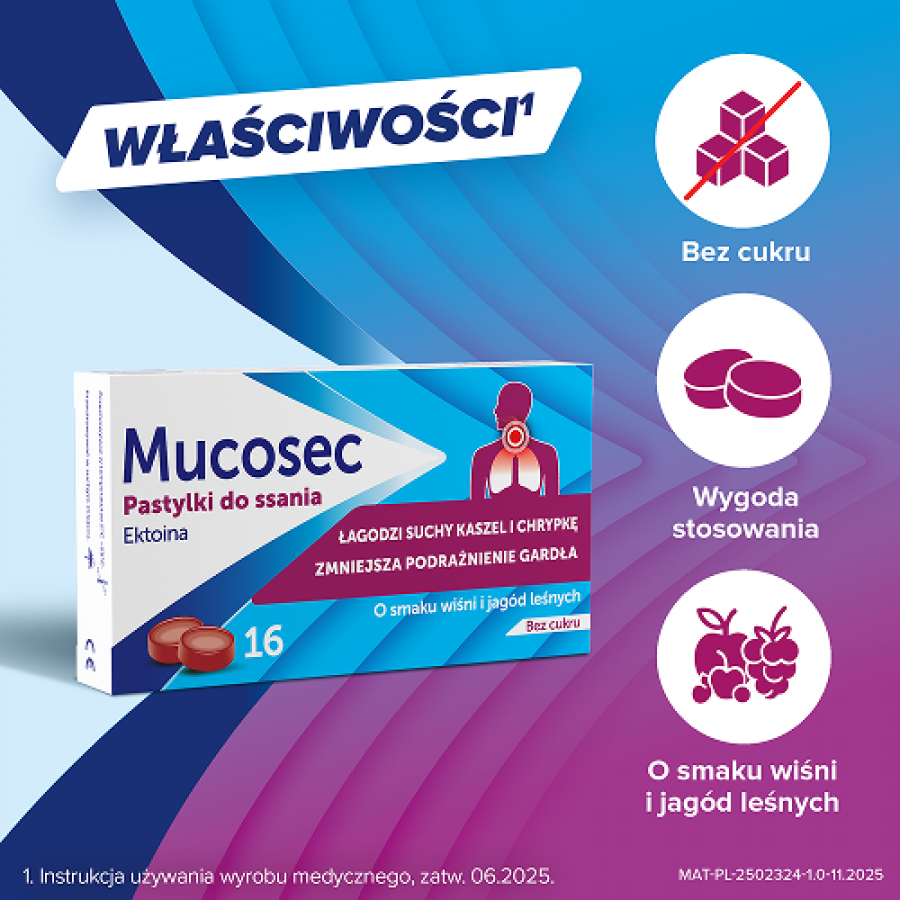 Zdjęcie produktu - 4 Mucosec Pastylki do ssania o smaku wiśni i jag&oacute;d leśnych, bez cukru, 16 szt. - na b&oacute;l gardła i kaszel