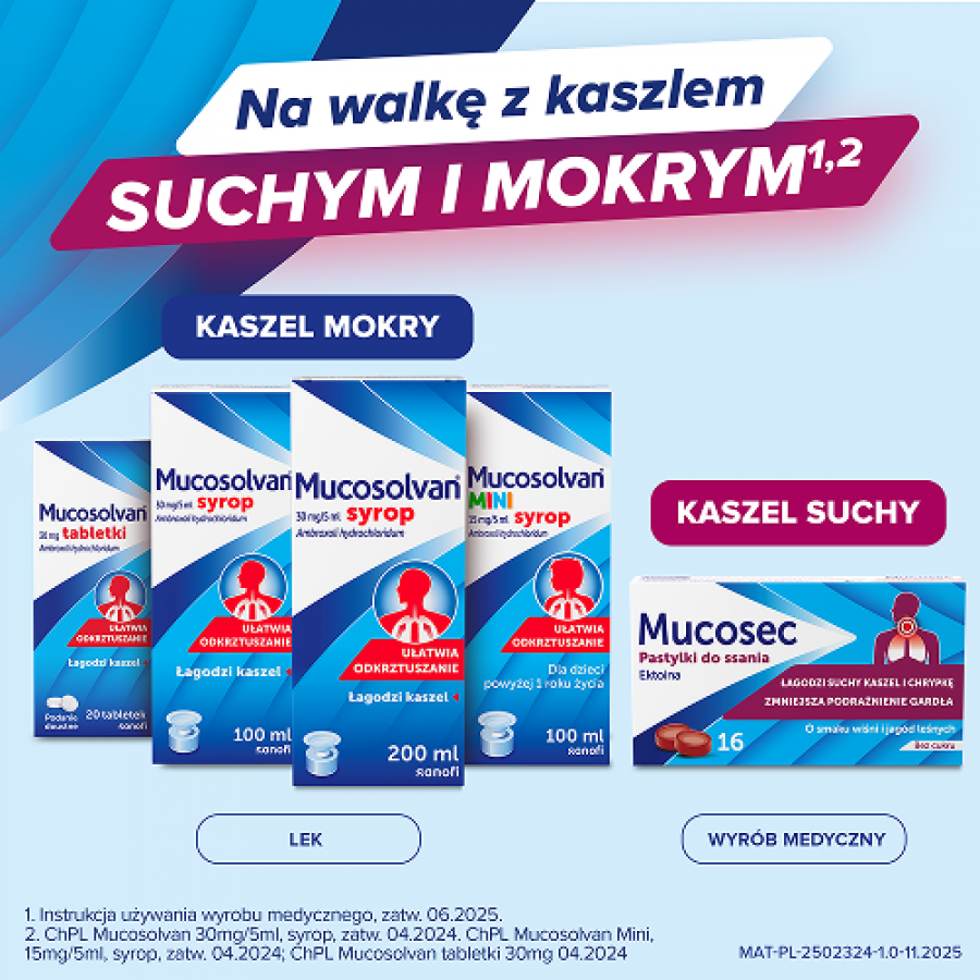 Zdjęcie produktu - 6 Mucosec Pastylki do ssania o smaku wiśni i jag&oacute;d leśnych, bez cukru, 16 szt. - na b&oacute;l gardła i kaszel