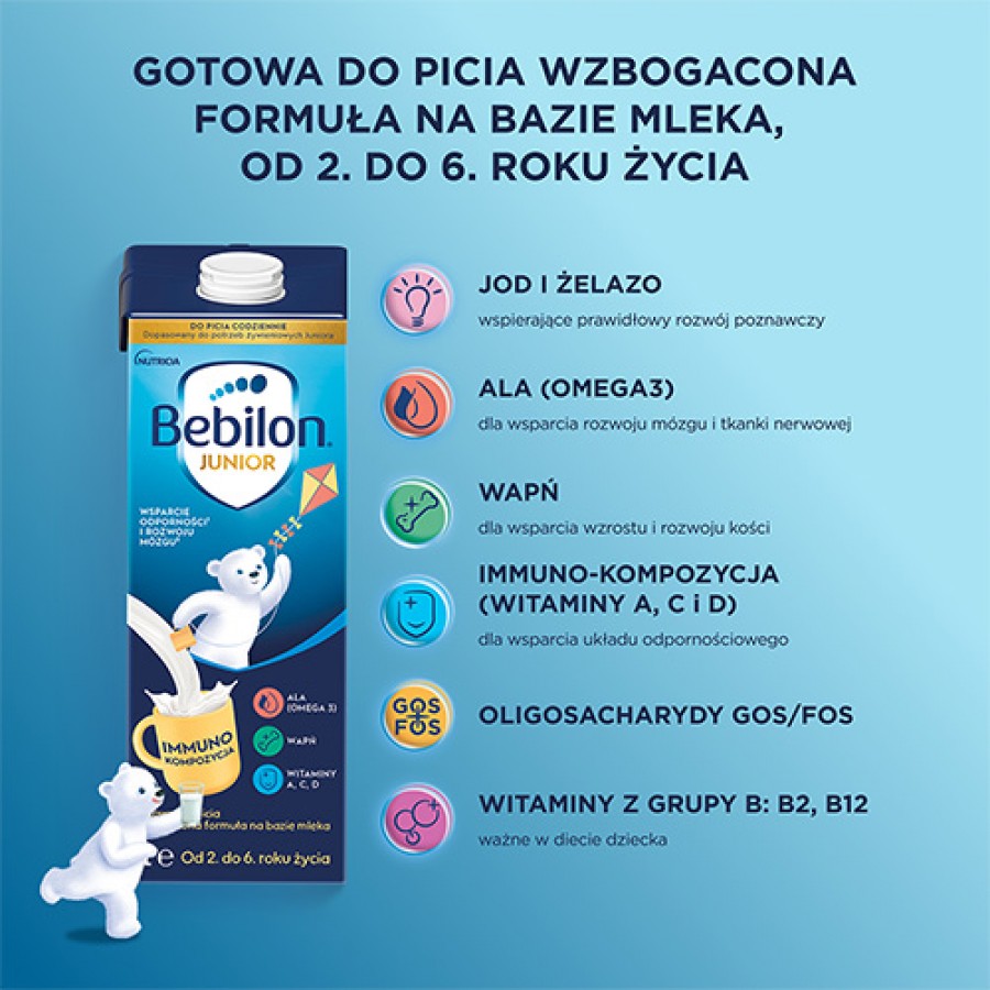 Miniaturka artykułu - #1 Zestaw Bebilon Junior Gotowa do picia wzbogacona formuła na bazie mleka od 2. do 6. roku życia, 4x 200 ml (3+1)